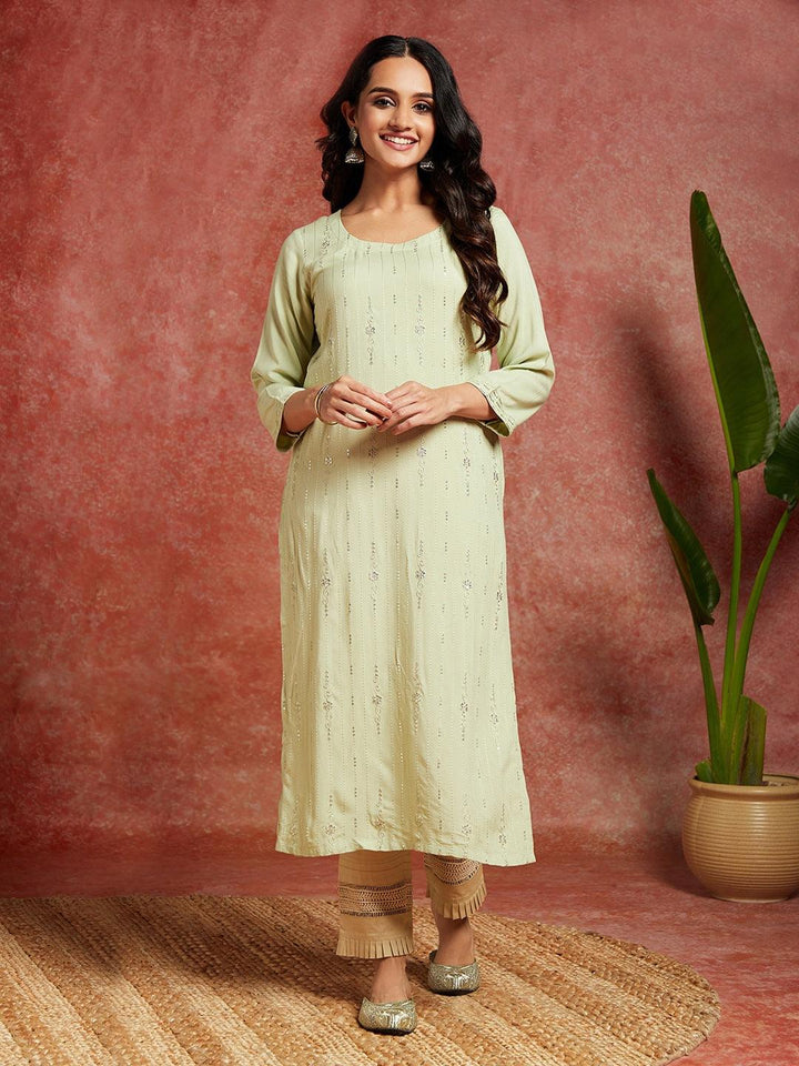 Pista Green Embroidered Rayon Straight Kurta