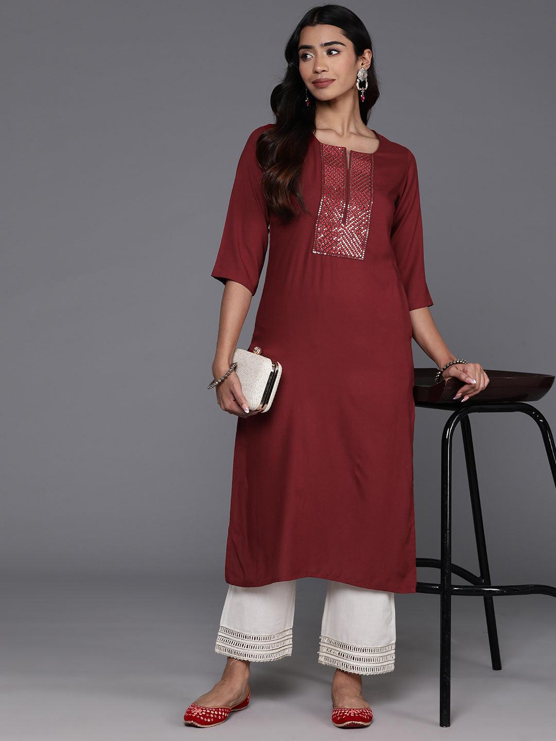 Maroon Yoke Design Rayon Straight Kurta - ShopLibas