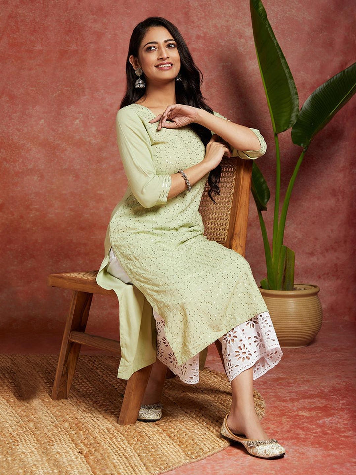 Green Embellished Rayon Straight Kurta