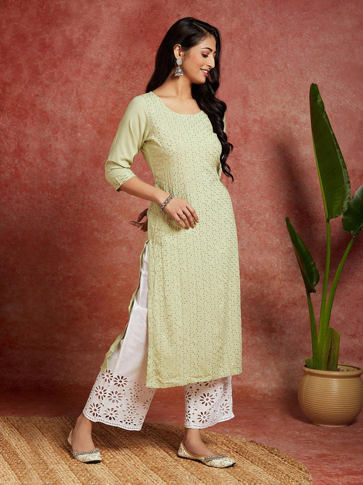 Green Embellished Rayon Straight Kurta