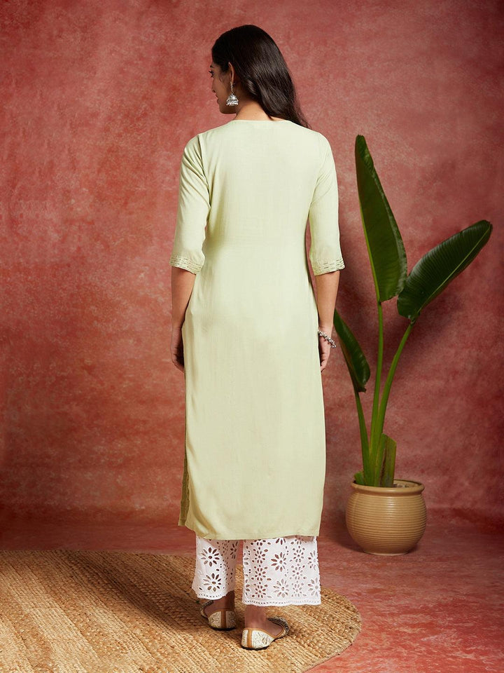 Green Embellished Rayon Straight Kurta