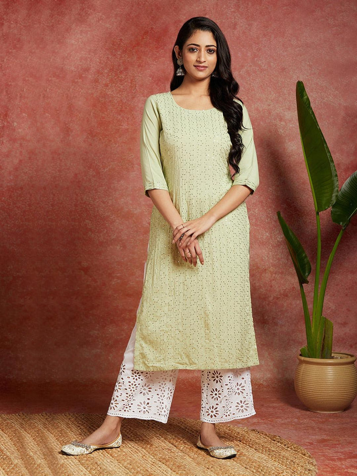 Green Embellished Rayon Straight Kurta