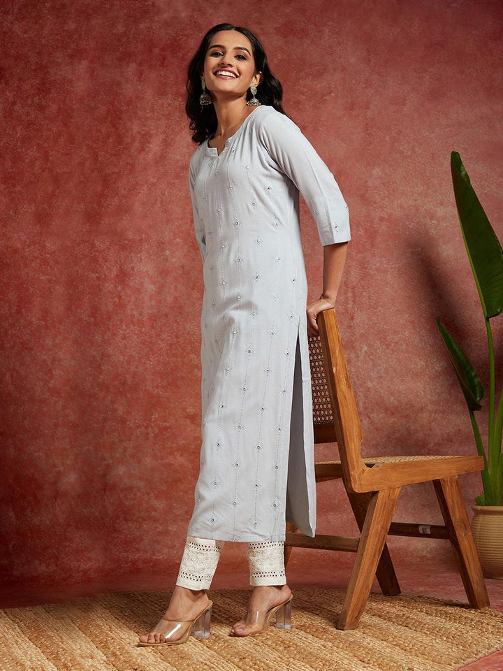 Grey Embroidered Rayon Straight Kurta