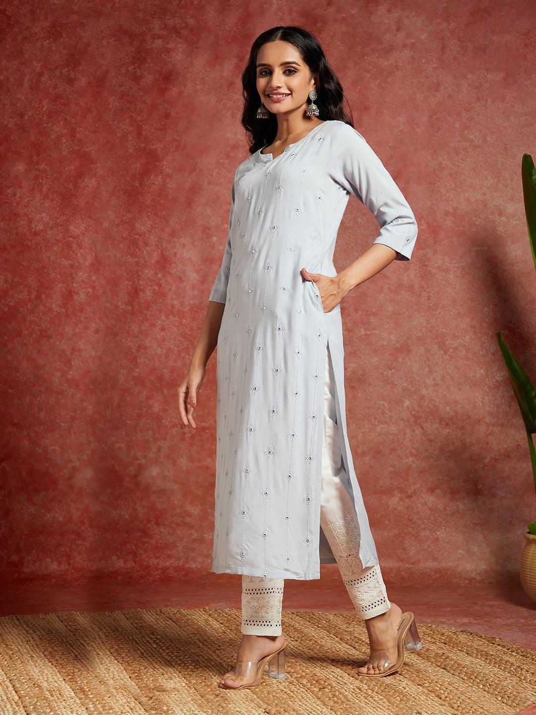 Grey Embroidered Rayon Straight Kurta - ShopLibas