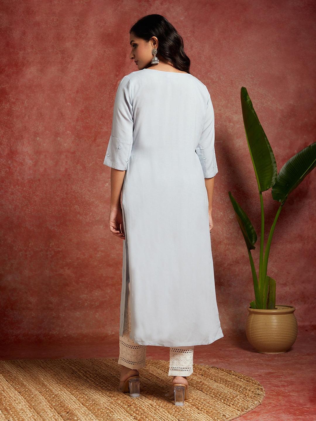 Grey Embroidered Rayon Straight Kurta - ShopLibas
