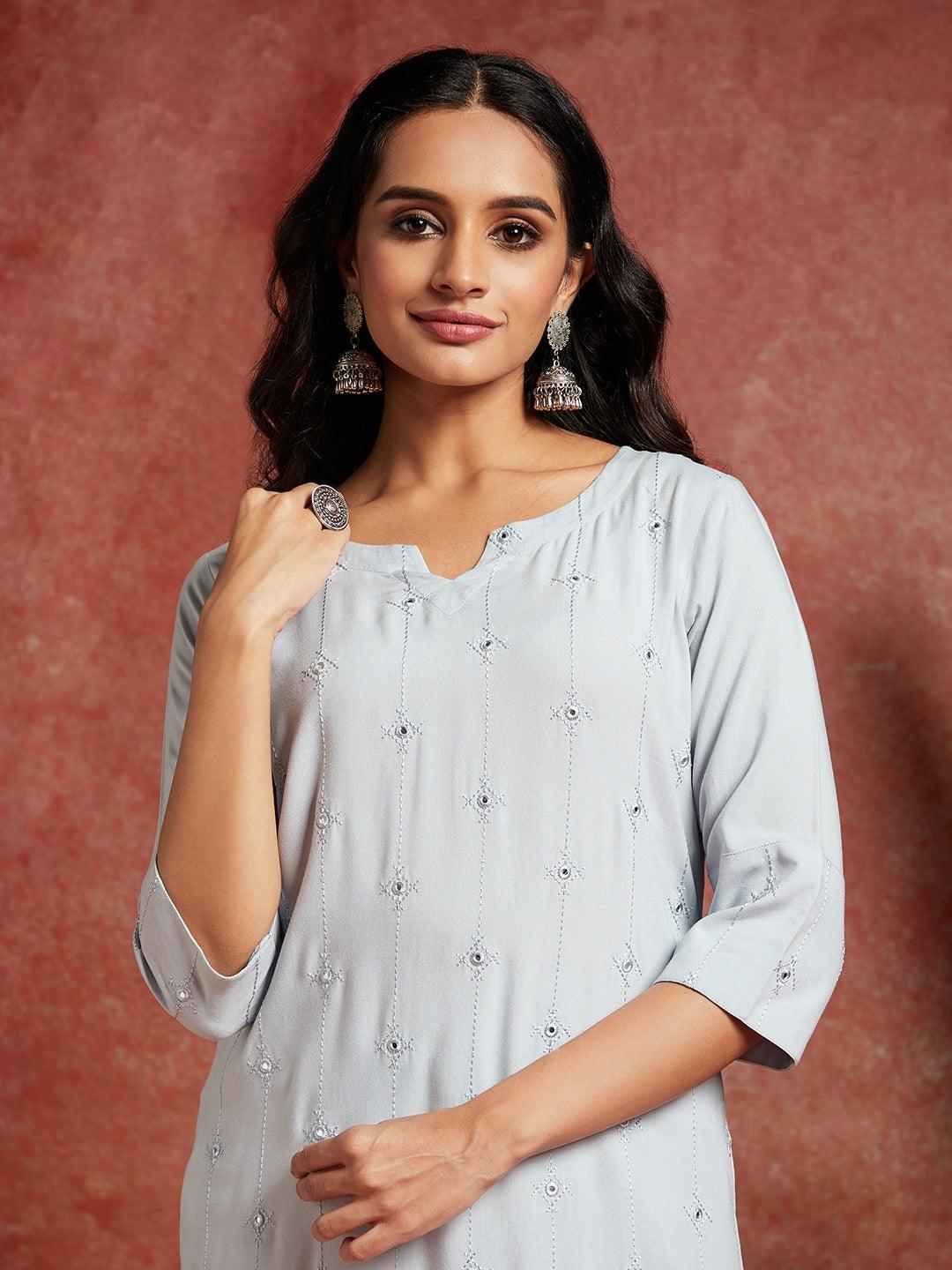 Grey Embroidered Rayon Straight Kurta - ShopLibas