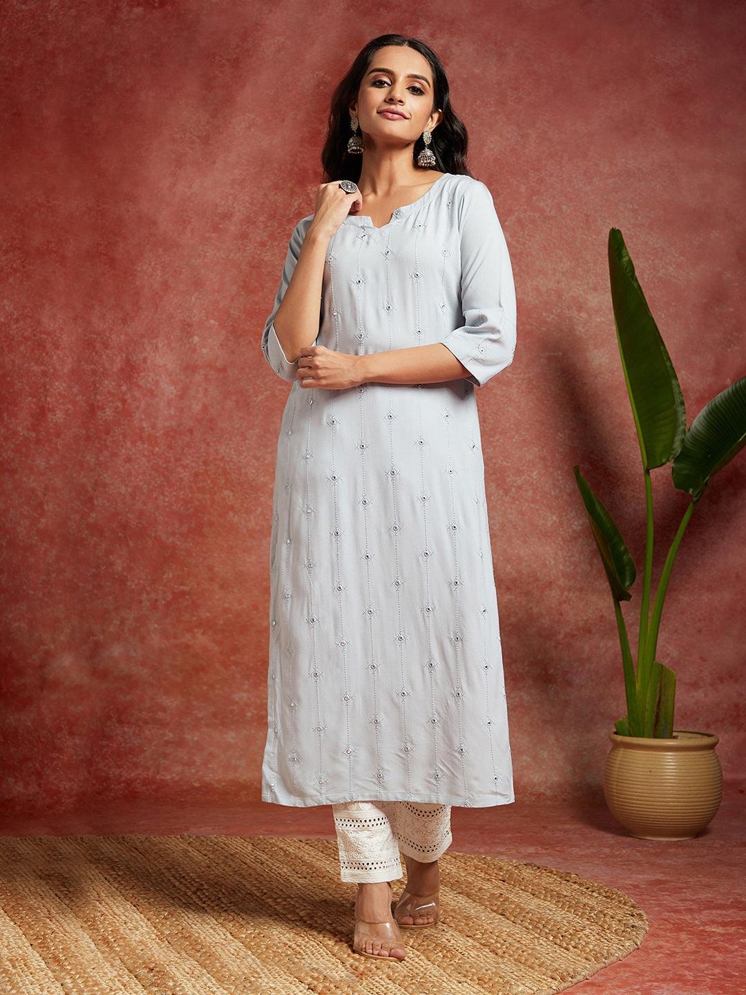 Grey Embroidered Rayon Straight Kurta - ShopLibas