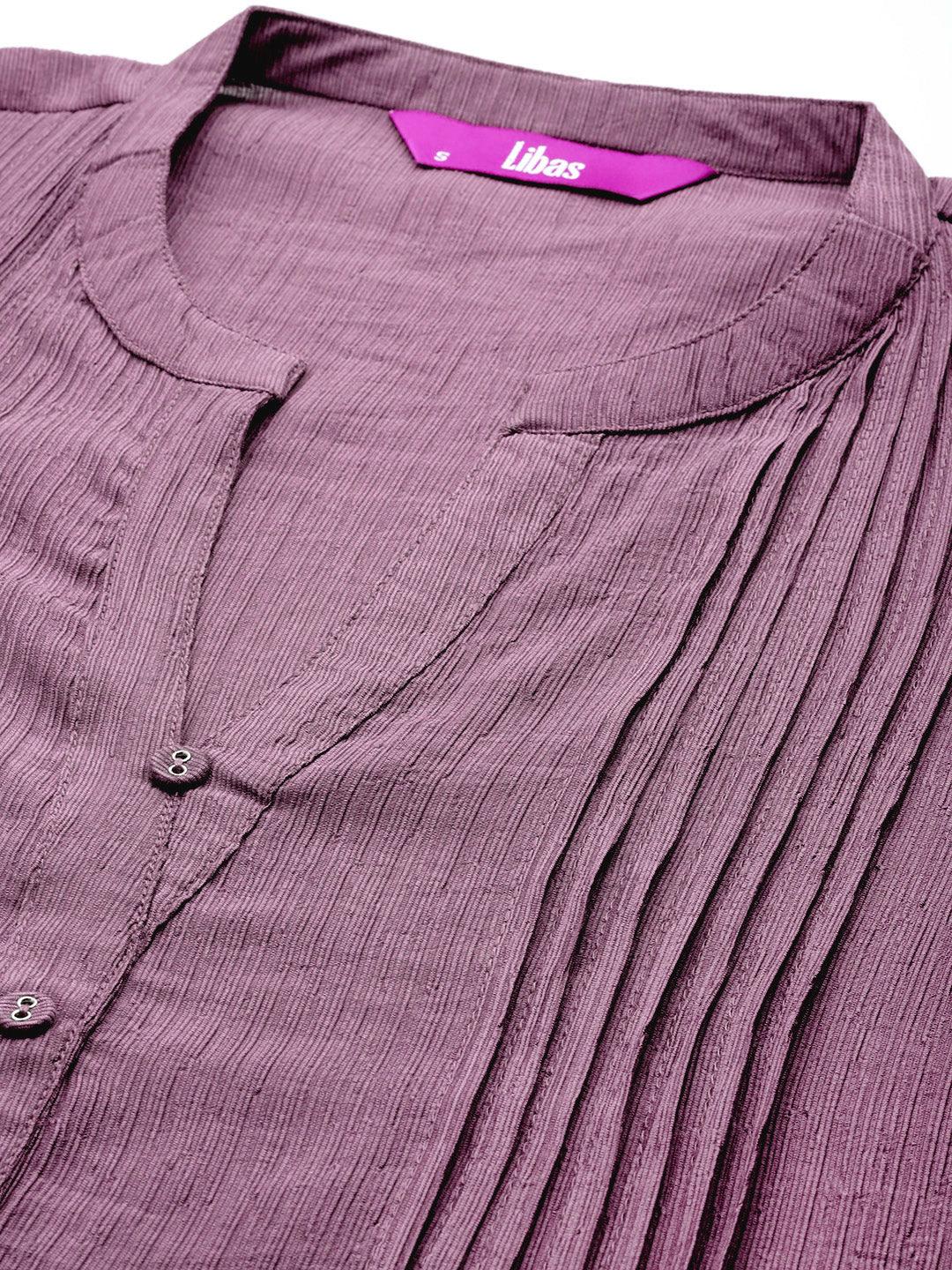 Mauve Solid Cotton Blend A-Line Kurti - ShopLibas