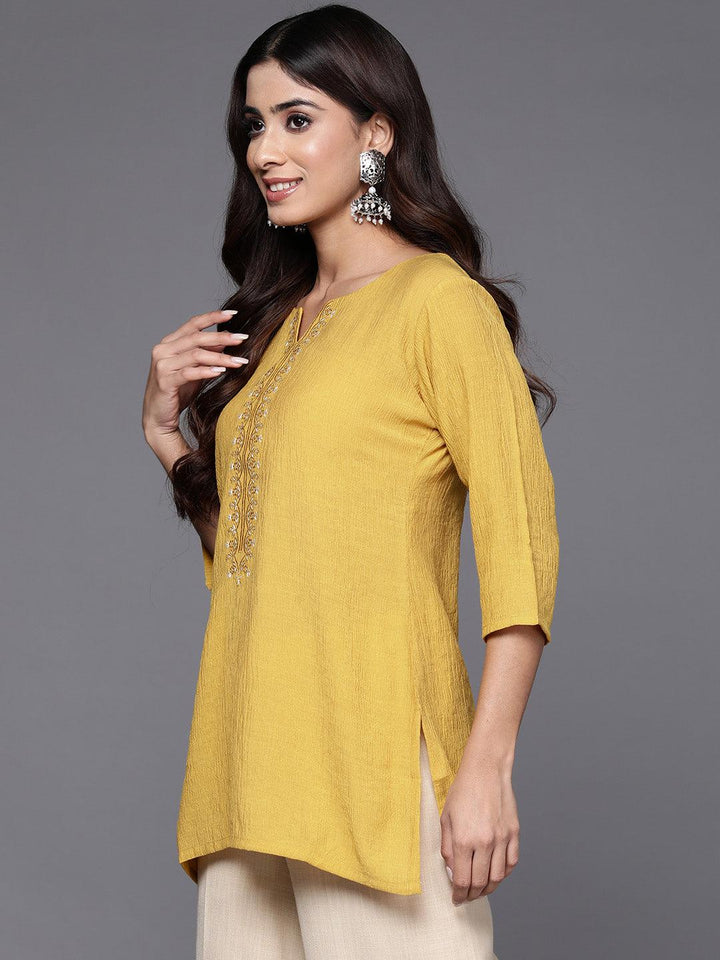 Yellow Yoke Design Cotton Blend Straight Kurti