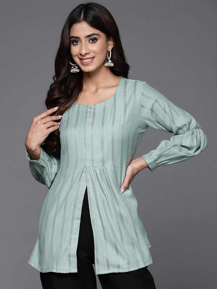 Green Woven Design Rayon A-Line Kurti