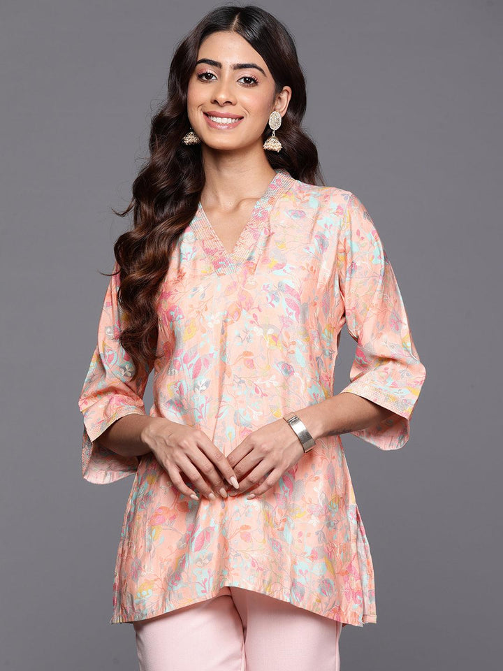 Peach Printed Silk Blend Straight Kurti