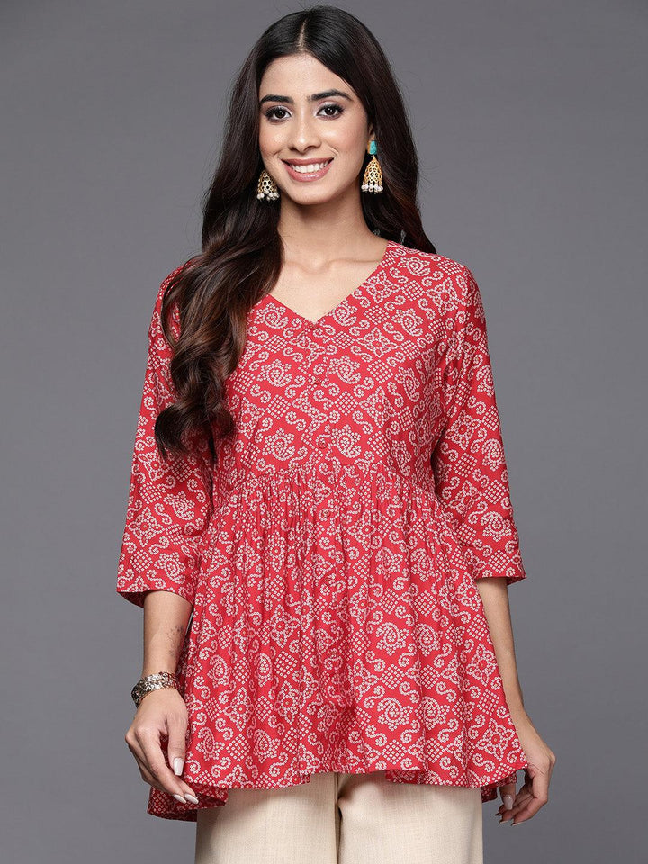 Red Printed Silk Blend A-Line Kurti