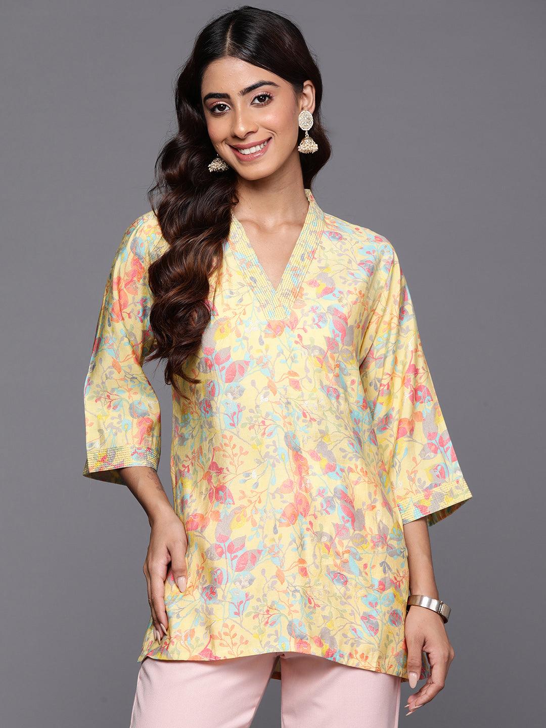 Yellow Printed Silk Blend Straight Kurti - ShopLibas