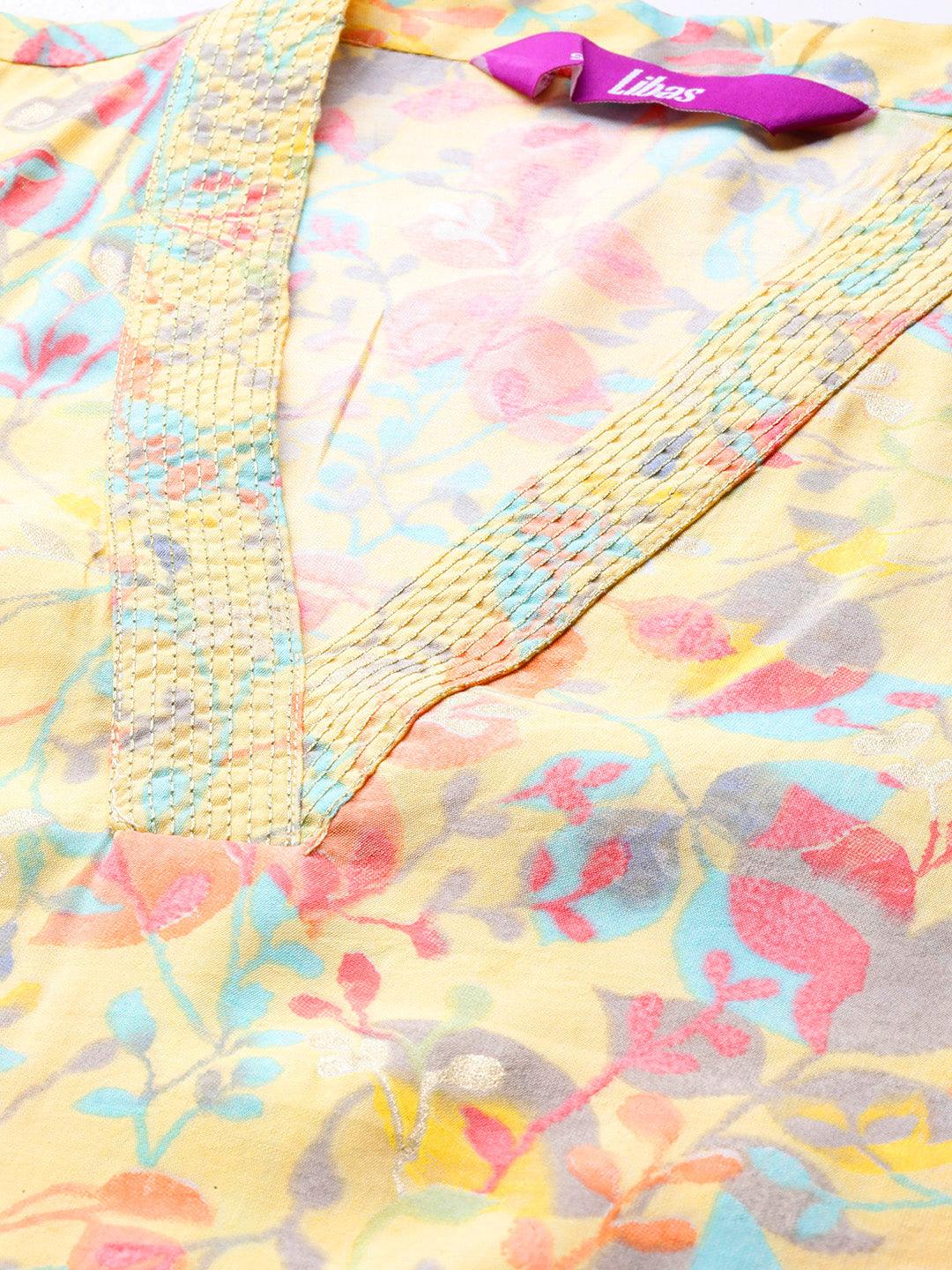 Yellow Printed Silk Blend Straight Kurti - ShopLibas