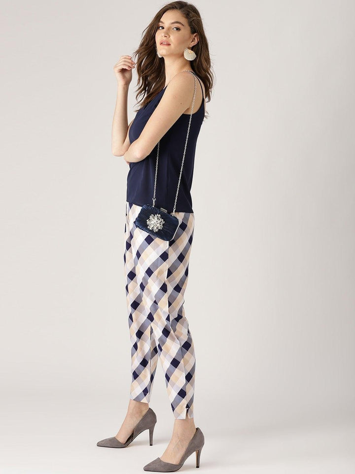 White Checkered Polyester Trousers