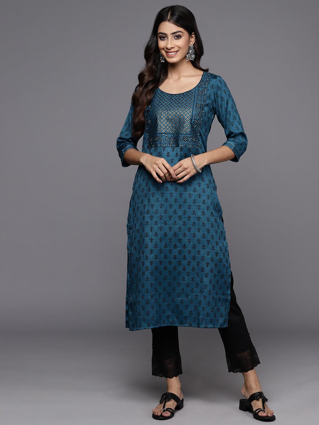 Blue Printed Rayon Straight Kurta - ShopLibas