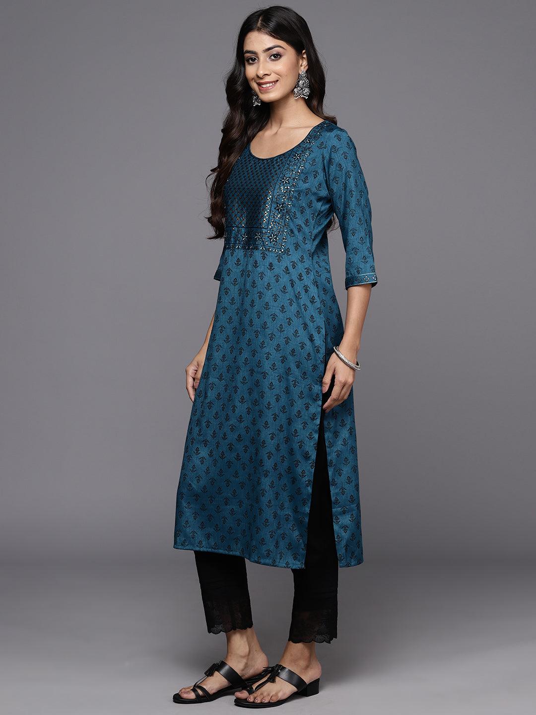 Blue Printed Rayon Straight Kurta - ShopLibas
