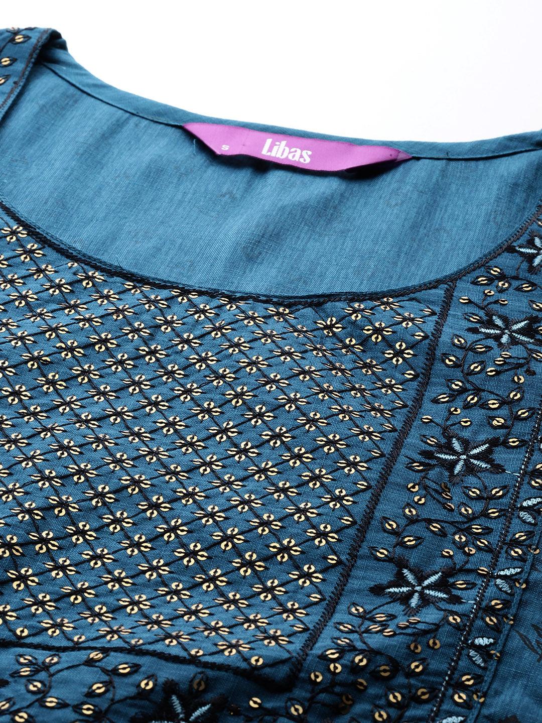 Blue Printed Rayon Straight Kurta - ShopLibas