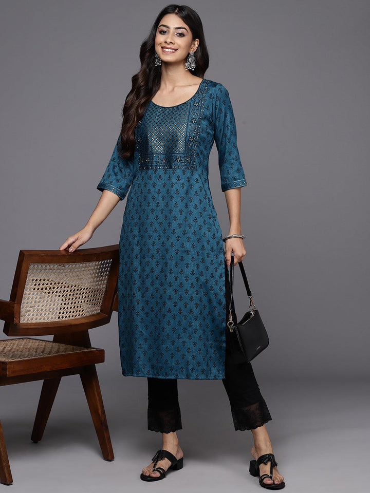 Blue Printed Rayon Straight Kurta