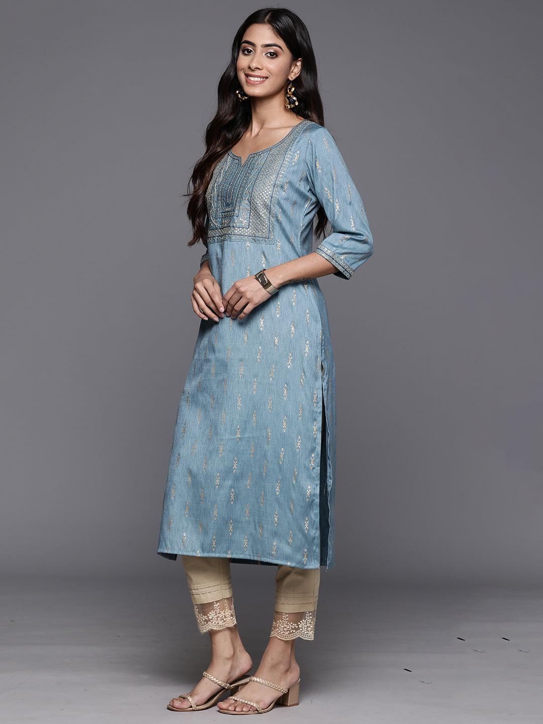 Blue Printed Rayon Straight Kurta - ShopLibas
