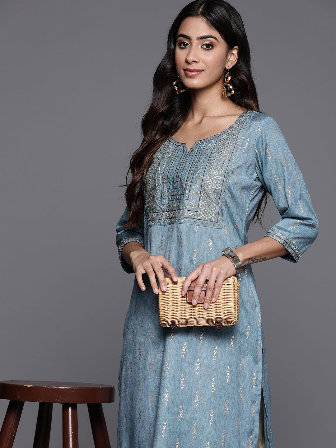 Blue Printed Rayon Straight Kurta - ShopLibas
