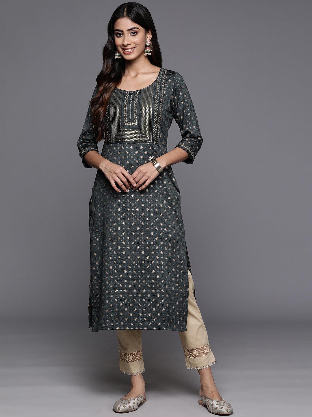 Grey Printed Rayon Straight Kurta - ShopLibas