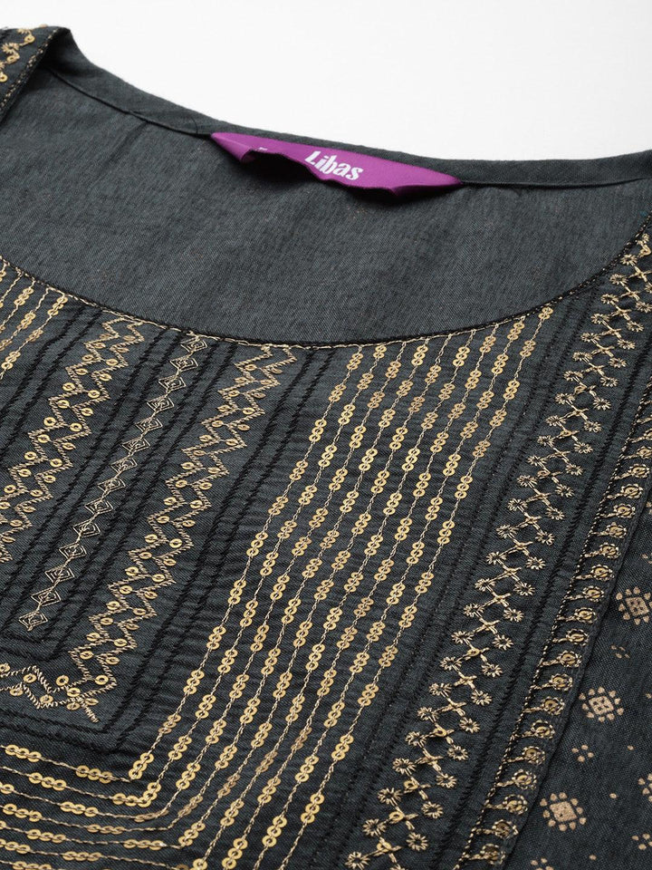 Grey Printed Rayon Straight Kurta