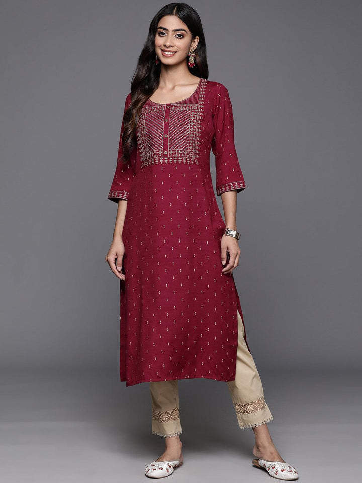 Maroon Printed Rayon Straight Kurta