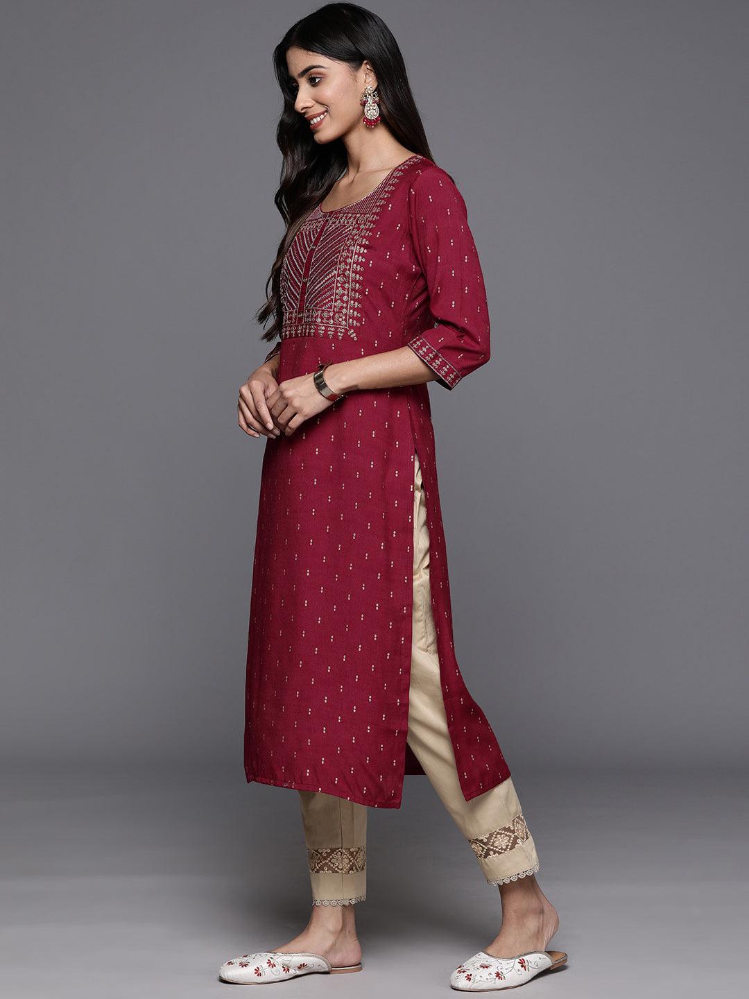 Maroon Printed Rayon Straight Kurta - ShopLibas