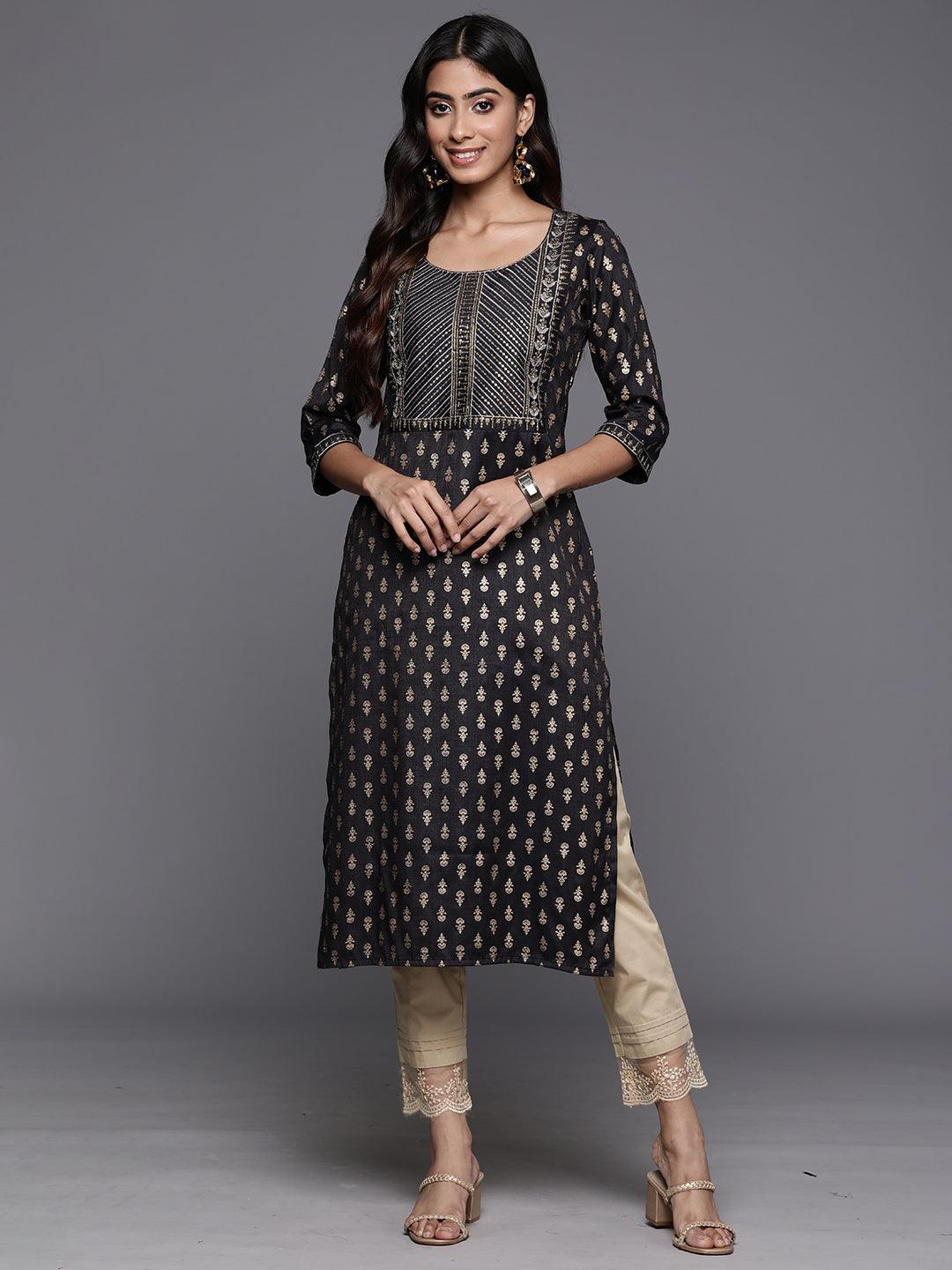 Grey Printed Rayon Straight Kurta - ShopLibas