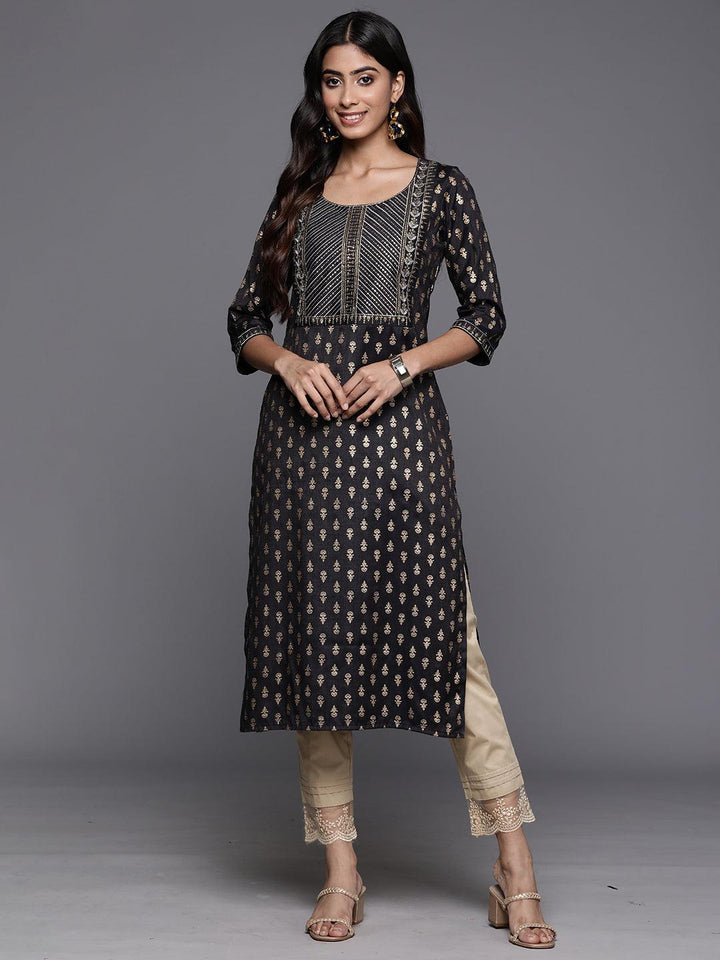 Grey Printed Rayon Straight Kurta