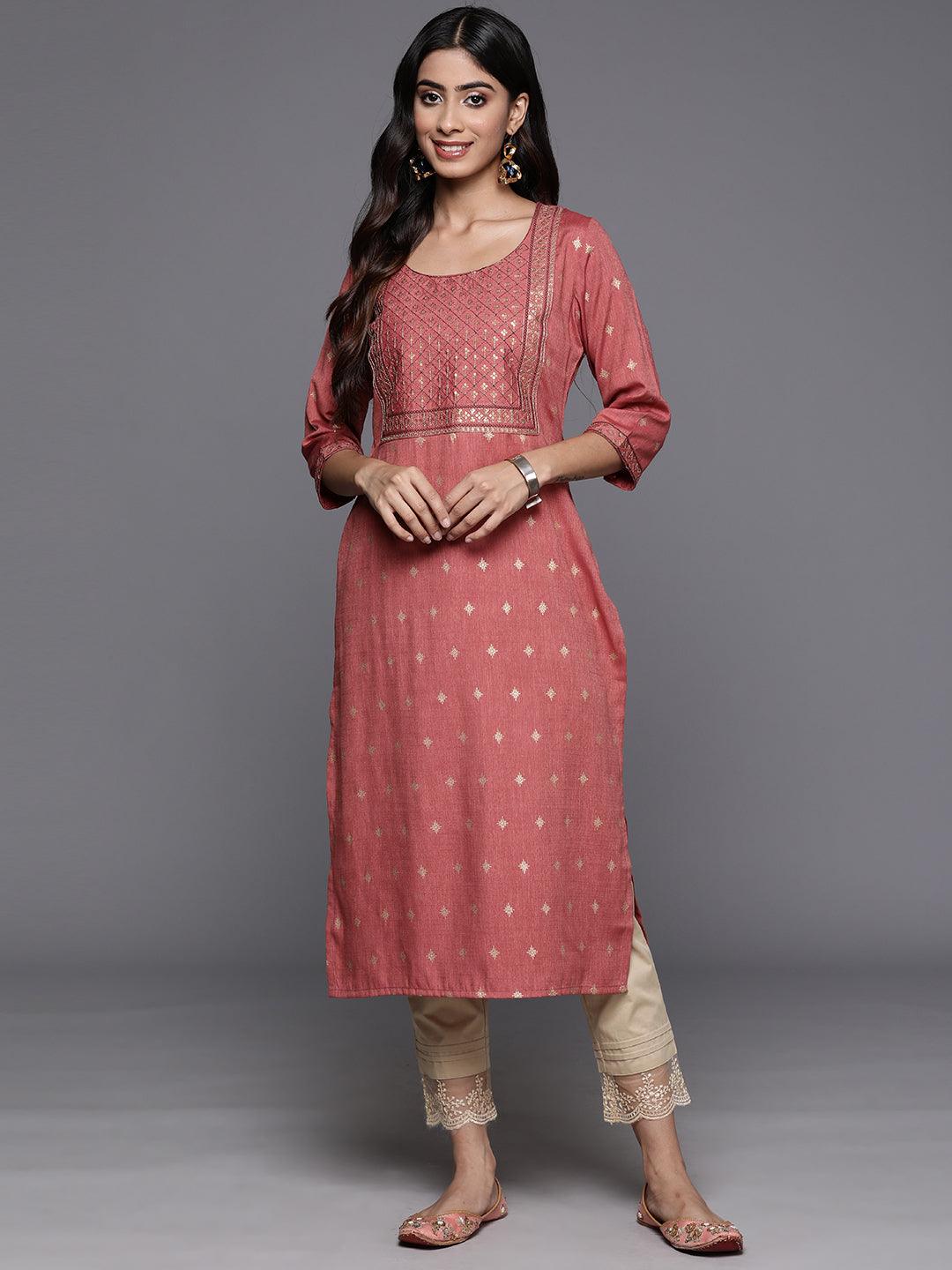 Dusty Pink Printed Rayon Straight Kurta - ShopLibas