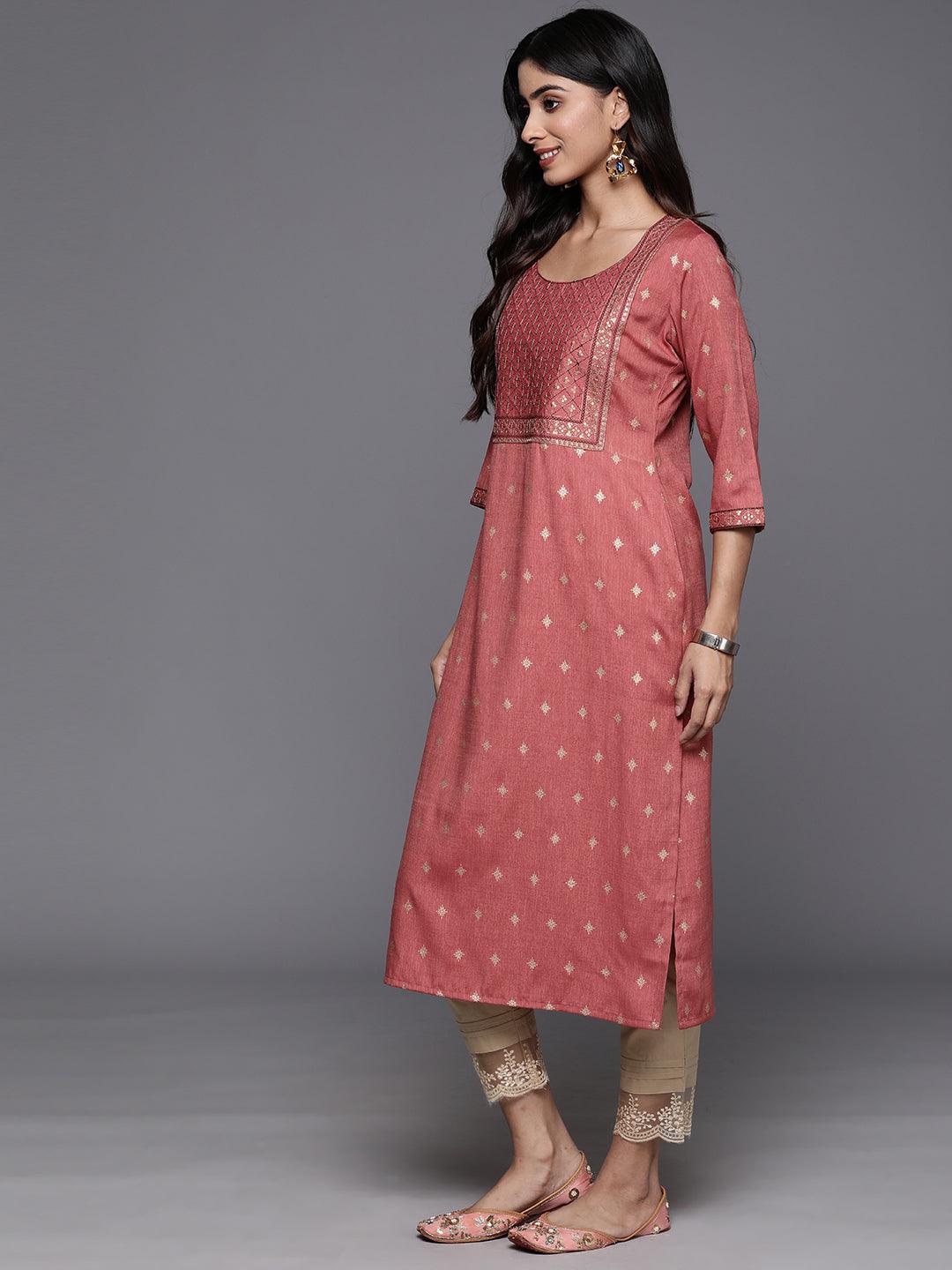 Dusty Pink Printed Rayon Straight Kurta - ShopLibas