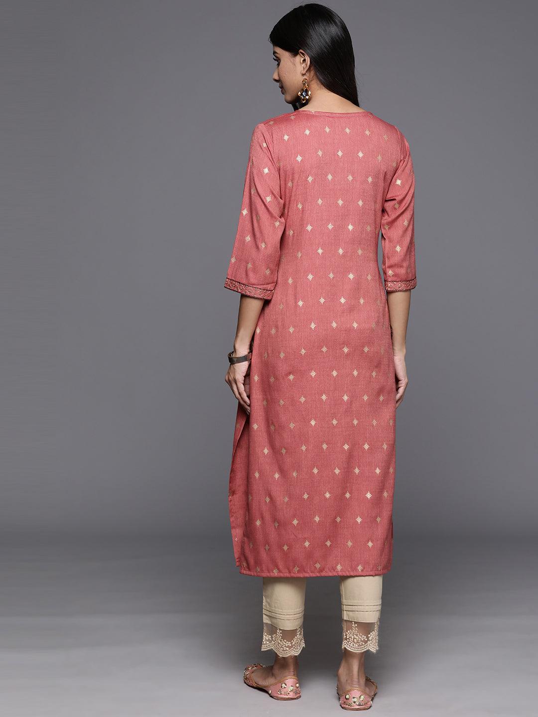 Dusty Pink Printed Rayon Straight Kurta - ShopLibas