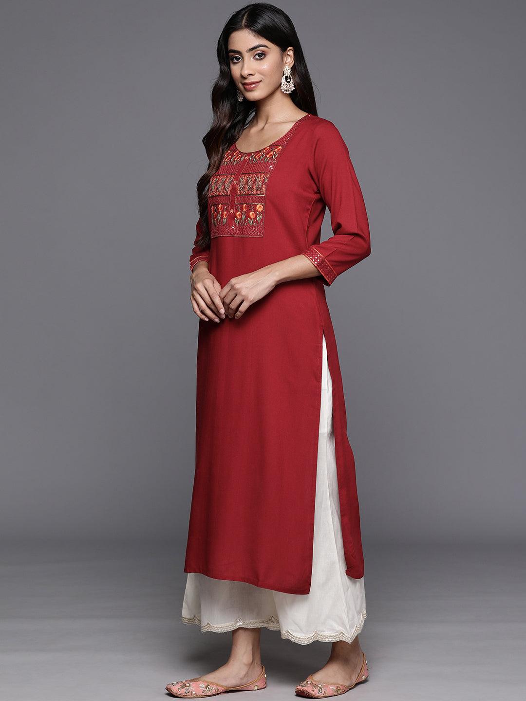 Red Yoke Design Rayon Straight Kurta - ShopLibas