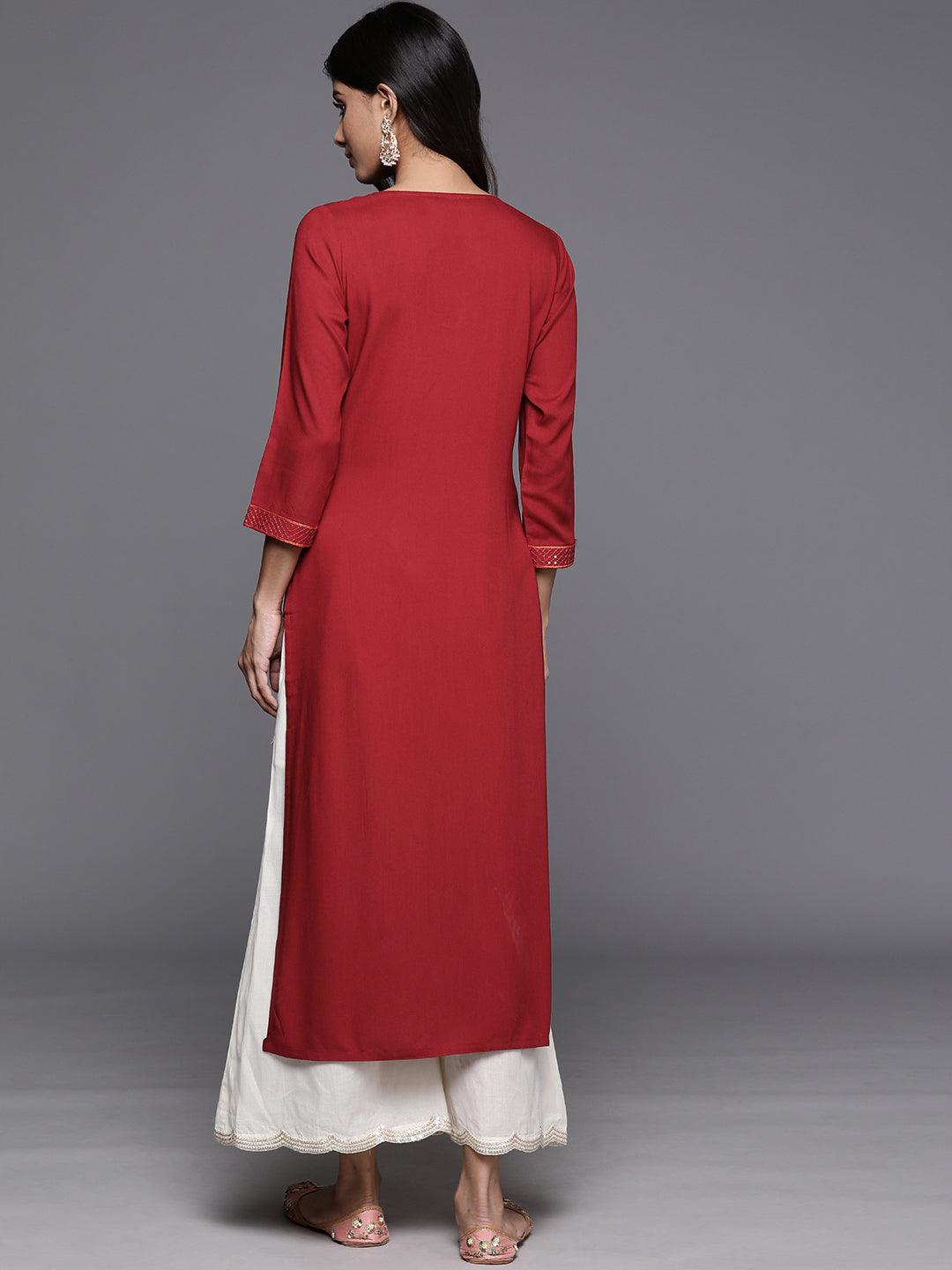 Red Yoke Design Rayon Straight Kurta - ShopLibas