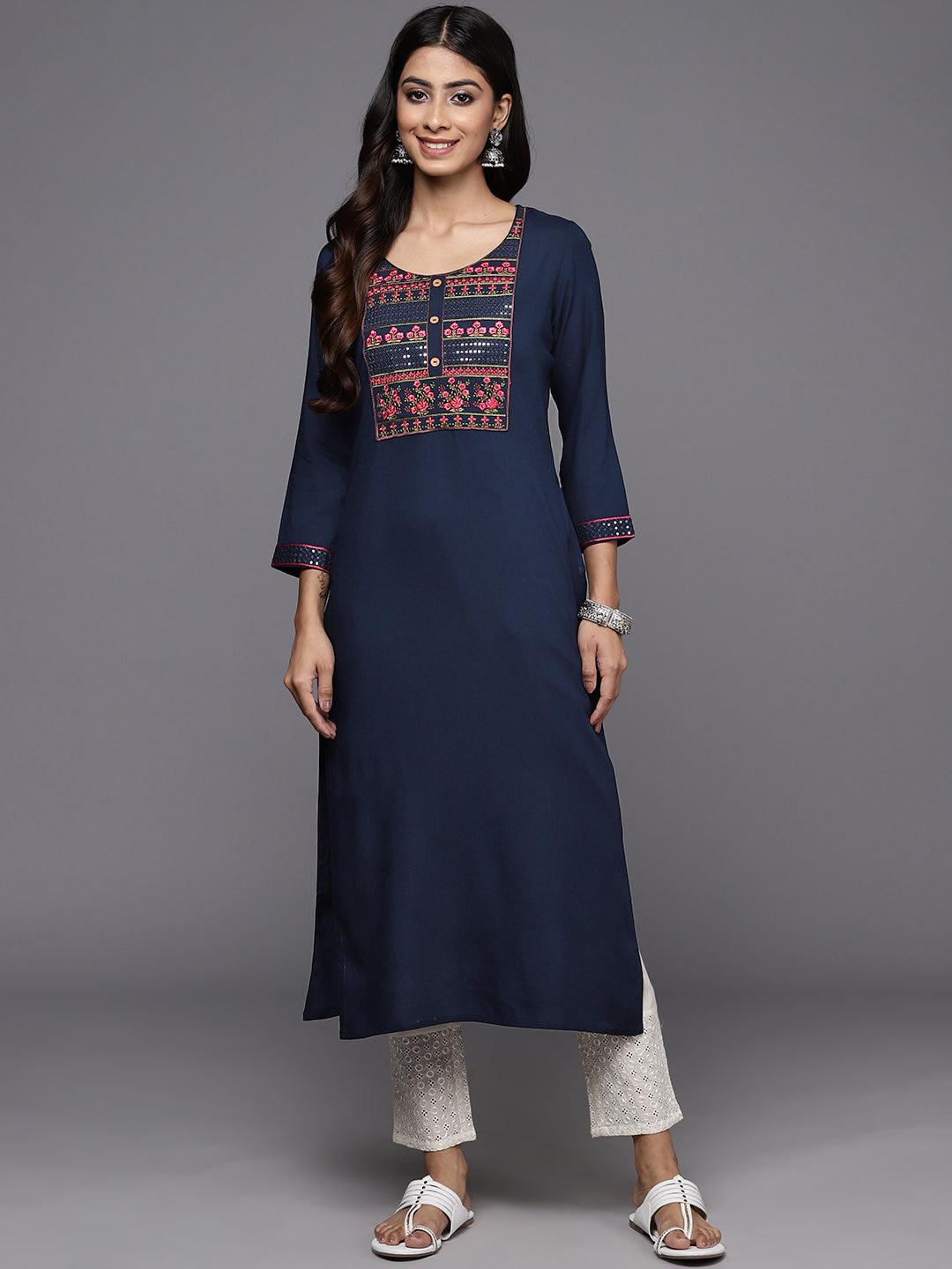 Navy Yoke Design Rayon Straight Kurta - ShopLibas