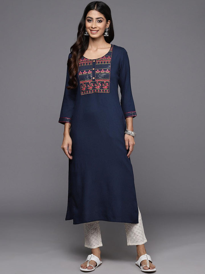Navy Yoke Design Rayon Straight Kurta