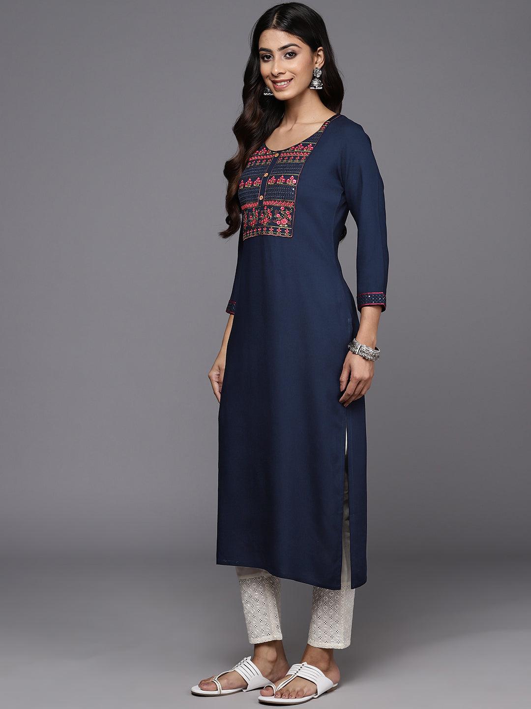 Navy Yoke Design Rayon Straight Kurta - ShopLibas
