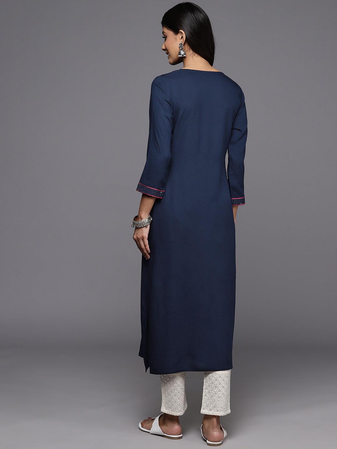 Navy Yoke Design Rayon Straight Kurta - ShopLibas