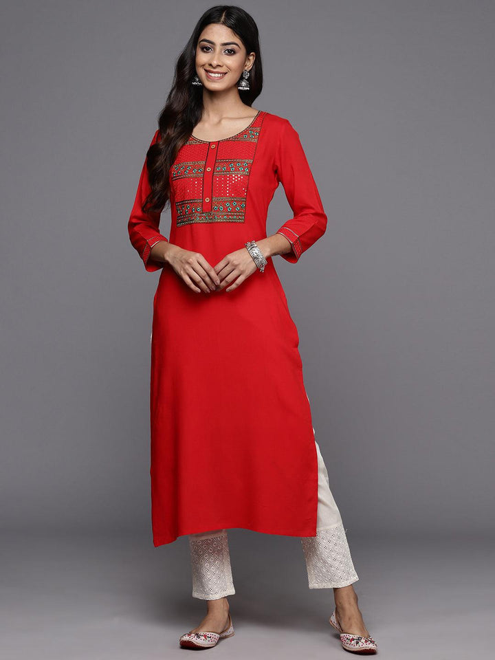 Red Yoke Design Rayon Straight Kurta