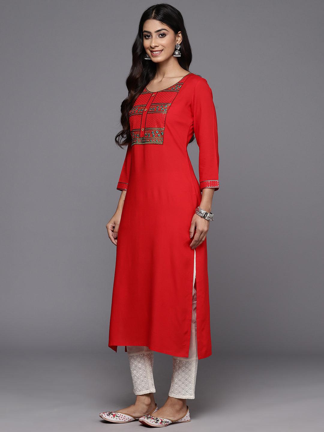 Red Yoke Design Rayon Straight Kurta - ShopLibas