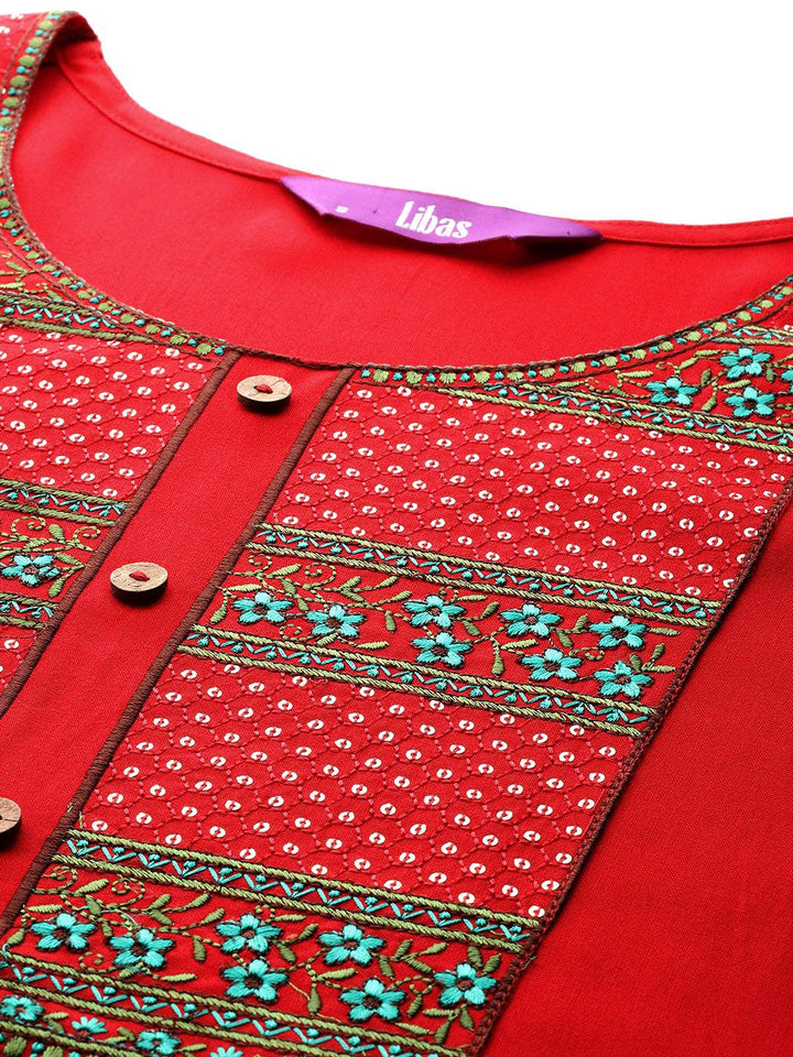 Red Yoke Design Rayon Straight Kurta