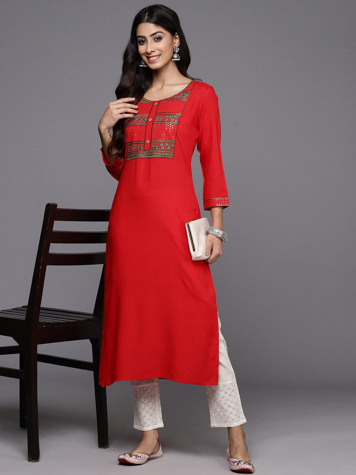 Red Yoke Design Rayon Straight Kurta