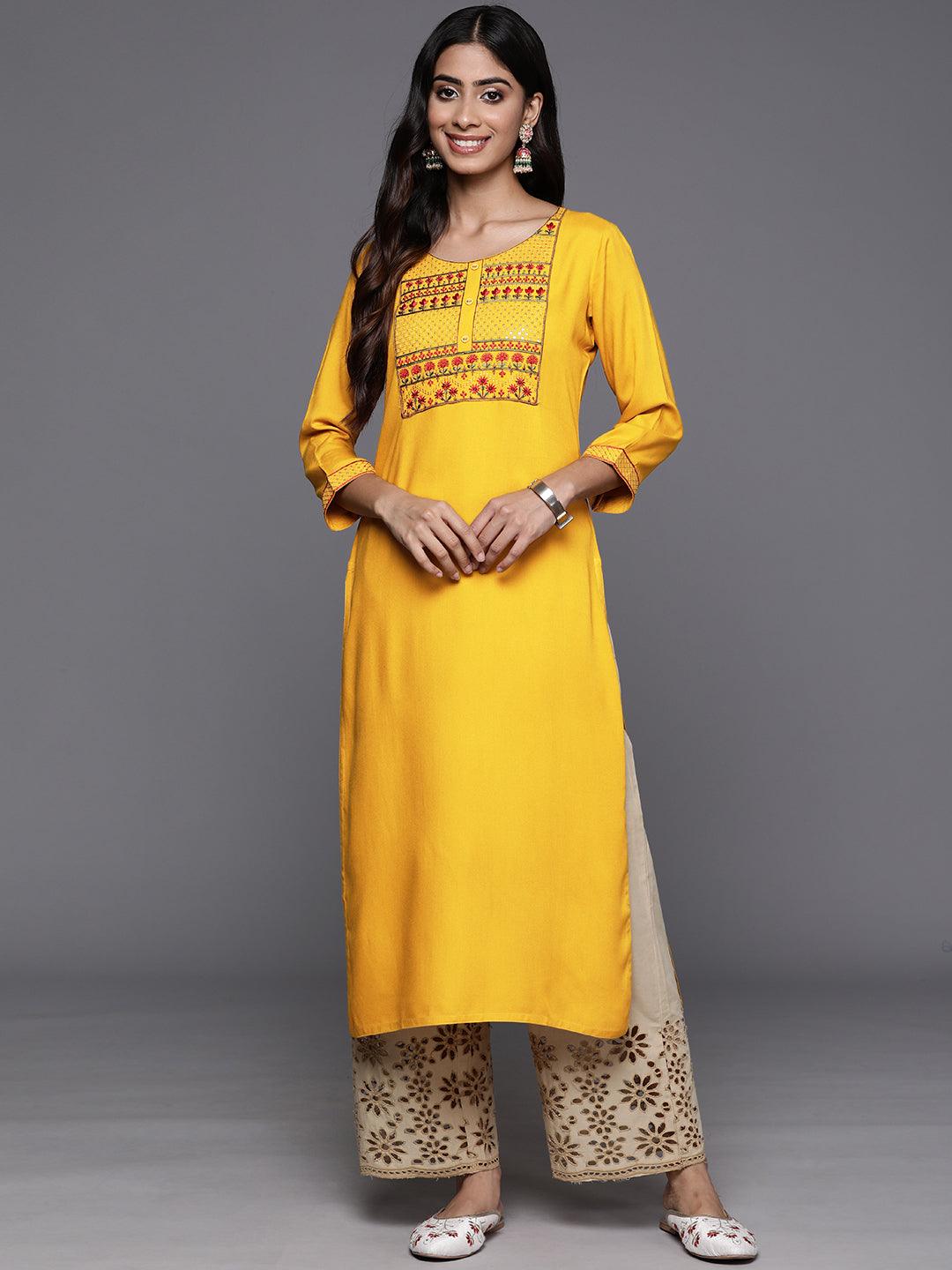 Yellow Yoke Design Rayon Straight Kurta - ShopLibas