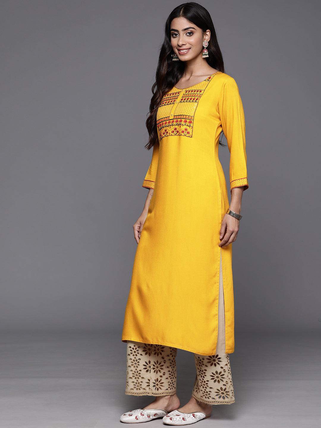 Yellow Yoke Design Rayon Straight Kurta - ShopLibas