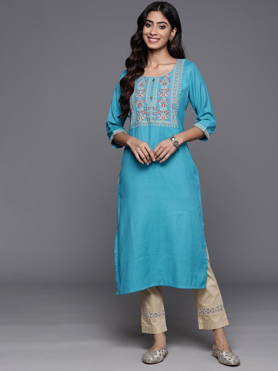 Blue Yoke Design Rayon Straight Kurta - ShopLibas