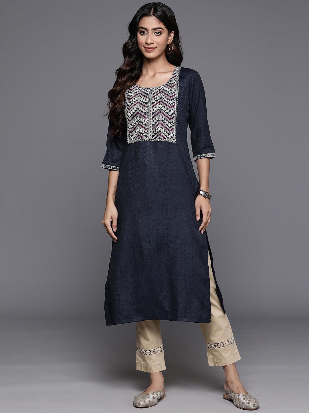 Navy Yoke Design Rayon Straight Kurta - ShopLibas