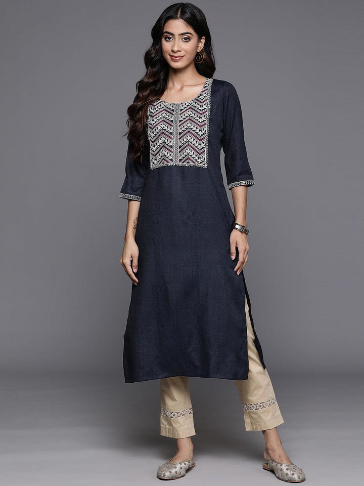Navy Yoke Design Rayon Straight Kurta