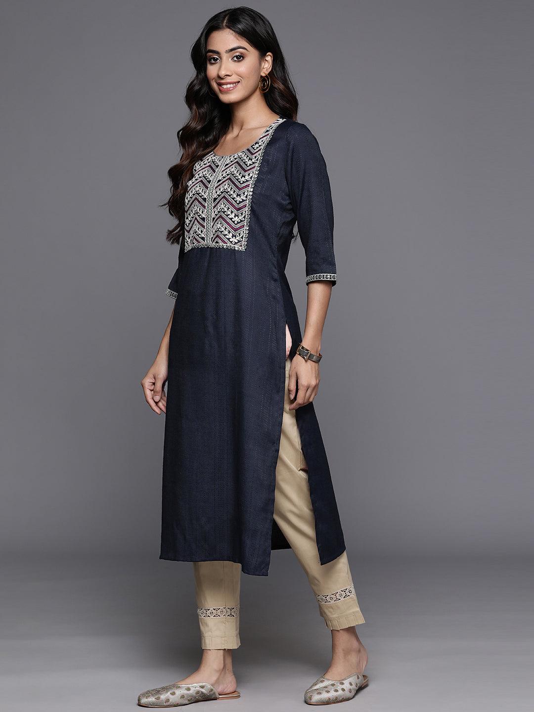 Navy Yoke Design Rayon Straight Kurta - ShopLibas